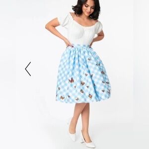 Unique Vintage Blue Gingham A-Line Skirt with Butterfly Details